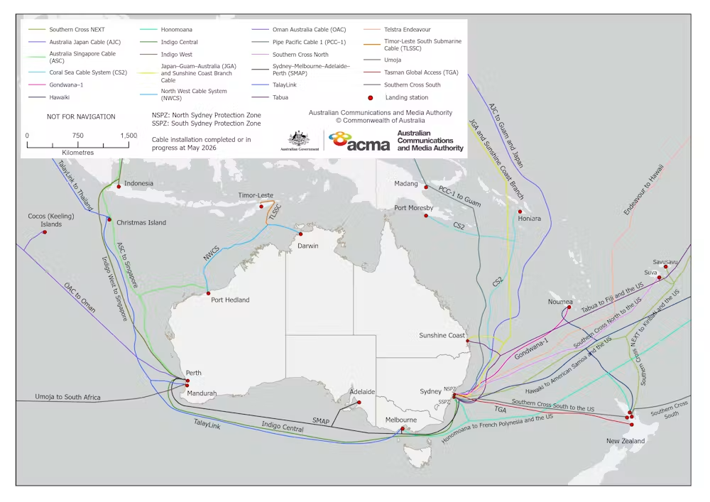 A map of Australia with many multicoloured lines linking it to nearby countries.